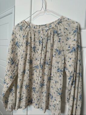 Cream Floral Peasant Blouse with Blue Bouquet Print